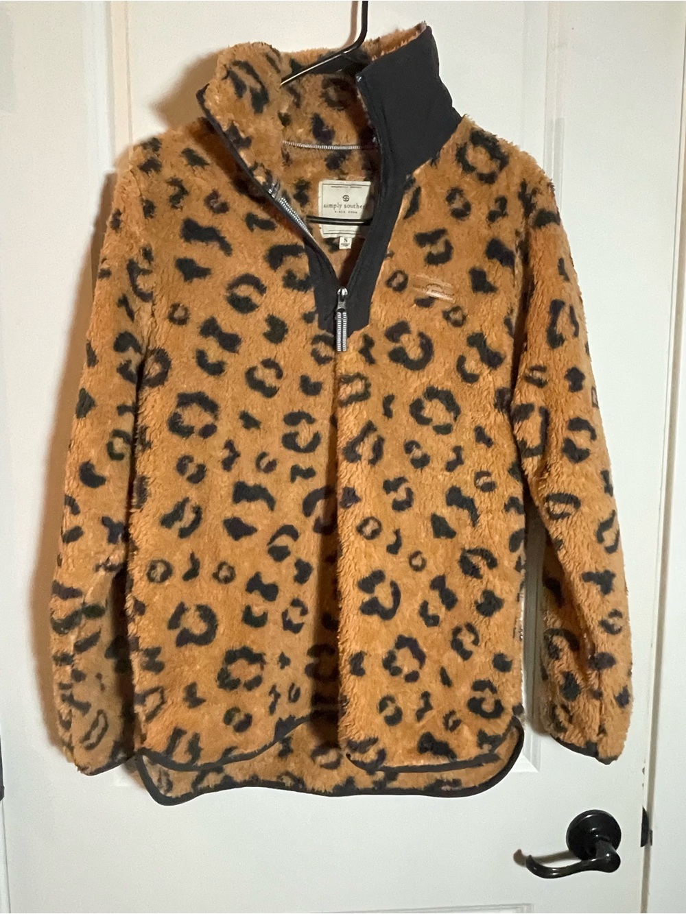 Simply Southern Leopard Print Plush Quarter-Zip Pullover - Tan/Black